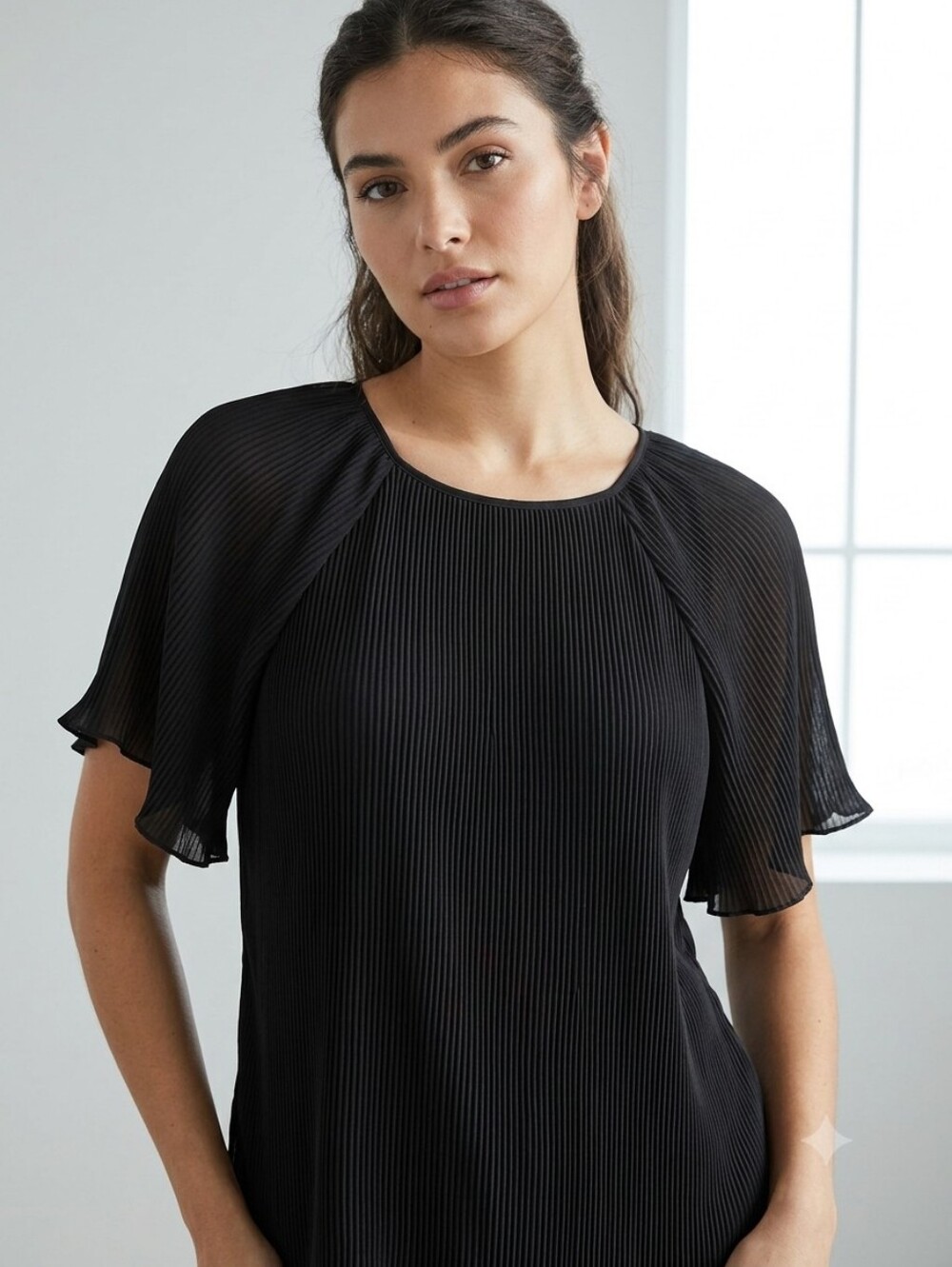 Guess Black Pleated Flutter Sleeve Blouse, XS